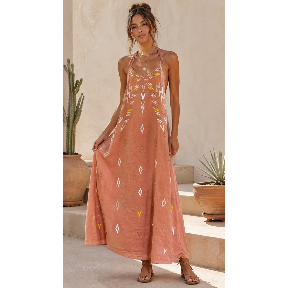Mochi The Art of Embroidery Linen Halter Maxi Dress Pink Size Small Boho Summer